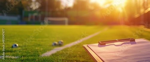 Soccer Field Background With A Close-Up Of A Soccer Coach'S Clipboard