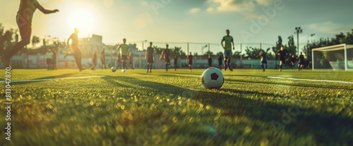 Soccer Field Background With Players Practicing Free Kicks