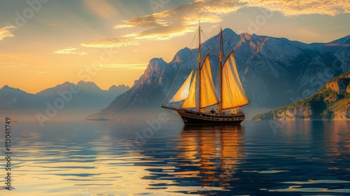 A sailboat peacefully floats on the water near majestic mountains, adventure background