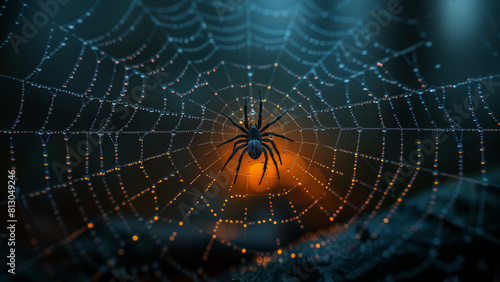 Halloween creepy spider on cobweb. Scary Halloween spider sitting on spider web, moody spooky spider web background illustration. Gloomy cobweb wallpaper with spider and drops of dew