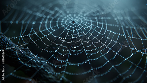Halloween creepy spider web background. Gloomy cobweb wallpaper with drops of dew, spooky moody spiderweb background illustration. Scary Halloween spider web backdrop