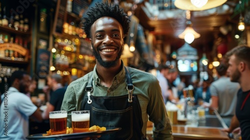 Smiling Bartender Serving Beers