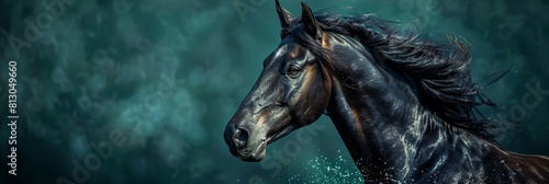 A powerful stallion rushes through the water, its mane flowing, displaying equestrian beauty and strength.