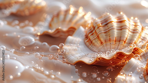 Seashells in ocean water. Marine seashells with water drops, beautiful ocean shells background illustration. Summer underwater seashell backdrop
