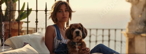 Italian woman wearing blue overalls and a white top sitting on her balcony in Italy, holding a brown and grey mixed breed dog, an ocean view behind them