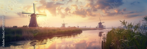 Windmills in Kinderdijk in Netherlands ,Green ecological power energy generation with wind rose energy,Clean energy concept