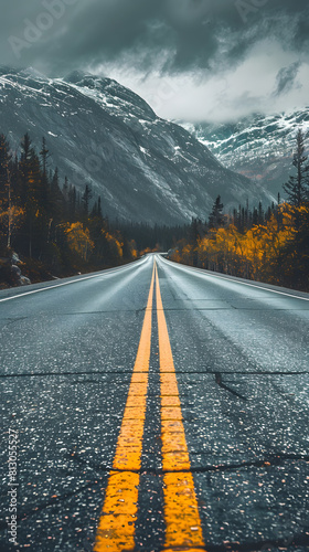 Highway in the Canadian Rockies in autumn season. Concept of active and extreme tourism