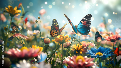 Meadow with butterflies, Beautiful butterfly in flight over branch of flowering tree in spring at sunrise