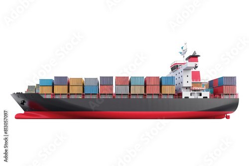 Large cargo ship transporting containers isolated on white background. Freight shipping and logistics industry.