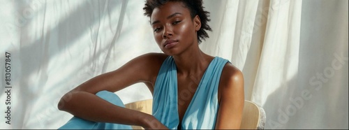  black woman in a blue dress sitting on a chair, a still from an animated film in the style of Gabi Wolfe, wearing a light blue silk nightgown with thin straps, she has short hair, white curtains behi