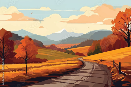 Natural autumn landscape background vector design illustration. Road through Autumn landscape. Countryside landscape.