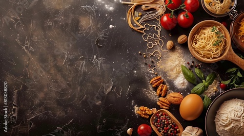 Italian food background with pasta, vegetables and spices. Top view with copy space
