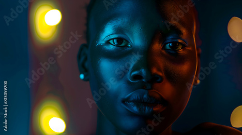 Retrato en clave baja de mujer joven africana con luces bokeh