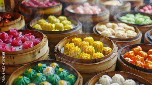 Dim Sum Assortment A colorful display of various dim sum in bamboo steamers