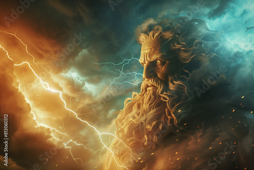 zeus,Greek Gods,stands upon Mount Olympus ready to hurl lightning bolts down upon ,realistic concept
