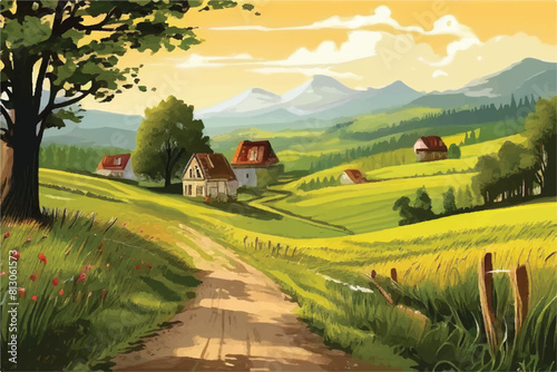 Rural Scene Landscape. A scene of farmland with green fields. A backdrop with blue sky, meadows, and trees with green grass. Vector image of rural farmland in the country. 