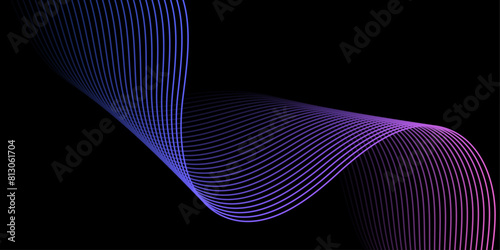 Abstract background with waves for banner. Medium banner size. Vector background with lines. Element for design isolated on black. Colorful gradient. Blue, purple, pink