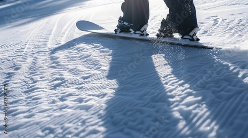 A snowboarder is riding down a snow-covered slope.