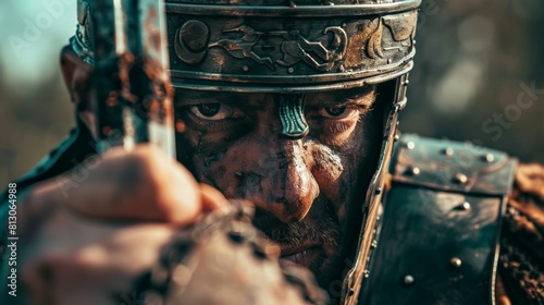 A Roman soldier, with his face bloodied, stares at you from the battlefield.
