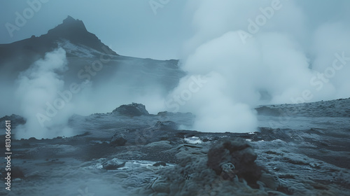 A photo of geothermal steam vents, with rocky terrain as the background, during a foggy evening
