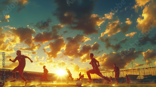 Soccer Players Kicking a Soccer Ball at Sunset