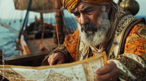 An old captain with a turban on his head is looking at a map in his hands. He is standing on the deck of a ship.