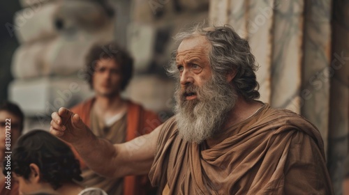 Ancient Greek philosopher giving a lecture to his students in the marketplace.