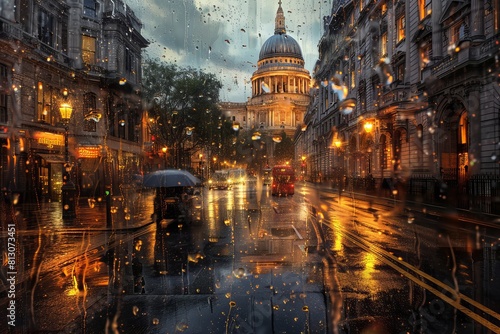 rain storm in city of London. Big ben