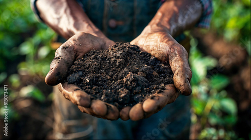 Dark-skinned Man holding handful of dark compost-enriched soil.