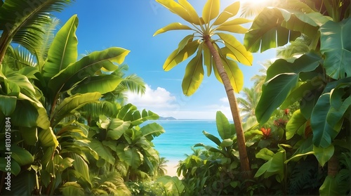 A lush, tropical paradise filled with vibrant banana plants swaying in the warm breeze, their leaves glistening in the sunlight.
