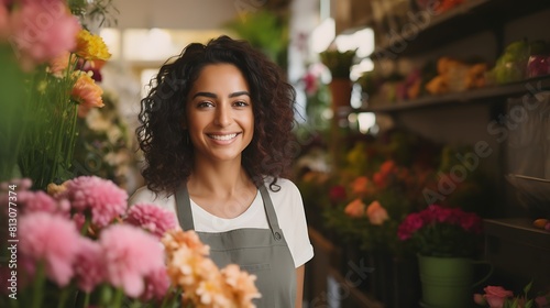 Smiling attractive hispanic female Small business owner in her florist shop