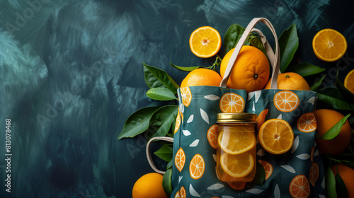 A tote bag patterned with orange, carrying a jar of orange-scented jam and fresh orange
