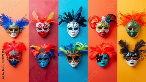 Bright carnival masks on a vibrant background color in an explosion of color and energy. Illustration of carnival masks in unique art and vivid details.