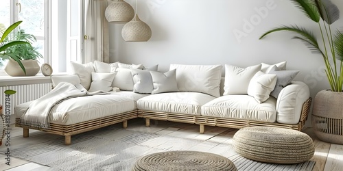 Stylish living room featuring a rattan sofa and white wall decorations. Concept Living Room Decor, Rattan Furniture, White Wall Art, Stylish Interiors