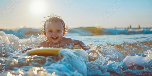 Happy baby girl - young surfer ride on surfboard with fun on sea waves. Active family lifestyle