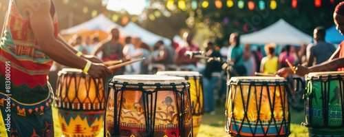 African drumbs festival with african people wear in color typical clothes .