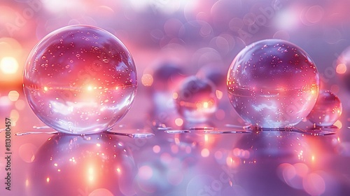  A cluster of glistening glass orbs resting atop a mirror-like surface, set against a backdrop of vibrant purple and pink hues