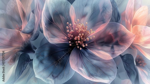  A close-up of a flower with blue and pink petals surrounded by the center