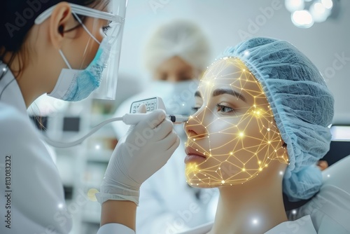 Amazing of dermatology with Glow HUD big Icon of skin layers, a dermatologist examining skin with a digital scanner, in a luxury styled clinic with gold color accents