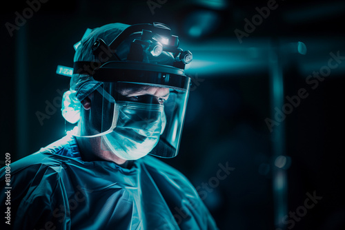 dark backdrop, the intense concentration of a surgeon wearing a surgical mask and helmet, illuminated by focused lighting in the operating room. The image highlights the advanced m
