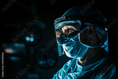 dark backdrop, the intense concentration of a surgeon wearing a surgical mask and helmet, illuminated by focused lighting in the operating room. The image highlights the advanced m