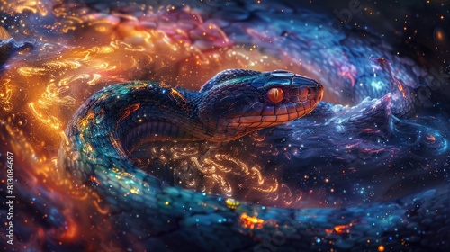 Fantastic beautiful poisonous snake close-up coiled in a ring in space. Poisonous dangerous reptile. Monster from nightmares