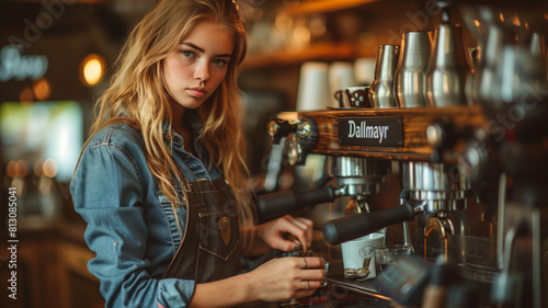 a bustling cafe, an alluring female barista in her thirties dons a stylish long denim shirt paired with a dark grey apron