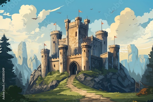 Medieval stronghold flat design front view knights tale 