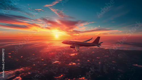 Commercial airplane flying high above the sky at sunset