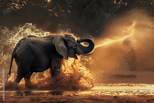 An elephant is seen spraying water on itself using its trunk in a playful manner. The large mammal is actively engaged in the refreshing act, showcasing its natural behavior in its habitat