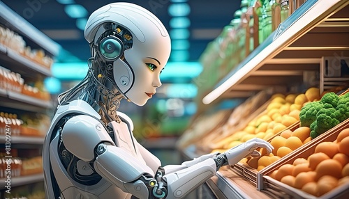 Künstliche intelligent Roboter Frau in Supermarkt.