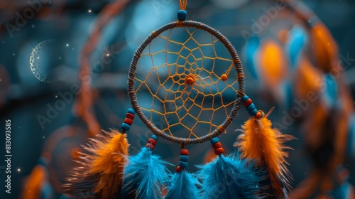 Detailed close up of a vibrant blue and orange dream catcher, showcasing its intricate web design and delicate feathers swaying gently in the breeze.