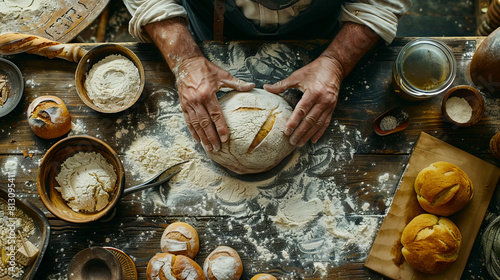 A man is kneading bread on a wooden table.