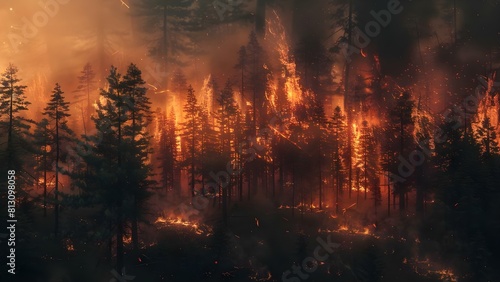 Forest fire disaster due to climate change and global warming. Concept Forest Fires, Climate Change, Global Warming, Environmental Disaster, Fire Prevention